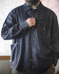 American Retro Washed Denim Big Pocket Loose Men's Shirt