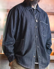 American Retro Washed Denim Big Pocket Loose Men's Shirt