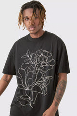 TALL MONO FLORAL STENCIL PRINTED T-SHIRT IN BLACK