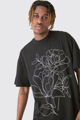 TALL MONO FLORAL STENCIL PRINTED T-SHIRT IN BLACK